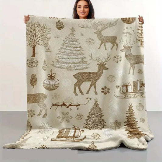 1pc Ultra-Soft Luxury Flannel Christmas Blanket - Vintage Winter Scenes with Reindeer