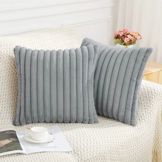Faux Rabbit Fur Striped Cushion Cover — Soft Plush Decorative Pillowcase for Sofa & Bed