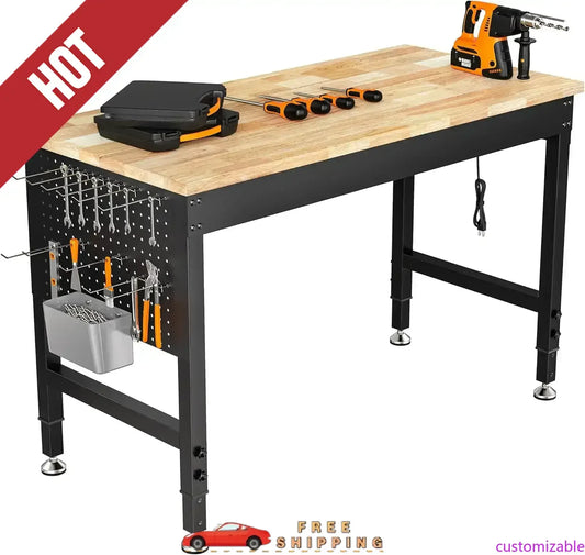 Customizable 48" Adjustable Heavy Duty Workbench, 2000 LBS Load Capacity Rubber Wood Work Table with Pegboard & Power Outlets for Garage, Workshop, Office, Home